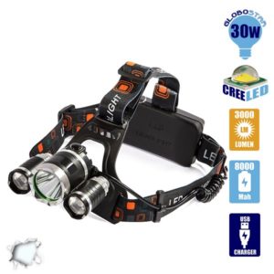 Πανίσχυρος Φακός Κεφαλής LED Επαναφορτιζόμενος 3000 Lumen 6000Mah GloboStar 06003